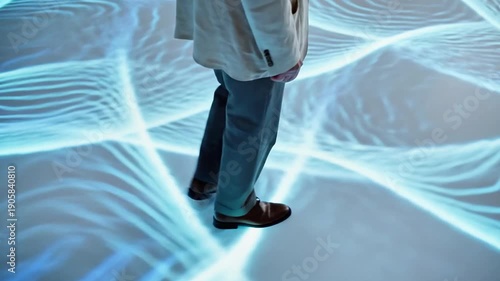 A man walks on a futuristic floor with glowing blue lines