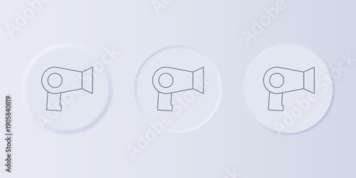 Grey Hair dryer icon isolated on grey background. Hairdryer sign. Hair drying symbol. Blowing hot air. Set icons in square buttons. Vector