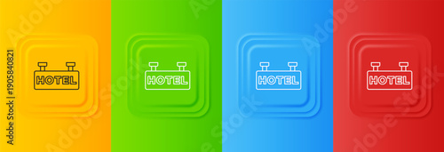 White Signboard outdoor advertising with text Hotel icon isolated on colorful background. Set icons in square buttons. Vector