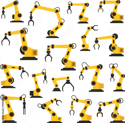 Industrial robotic arm set with different positions automated factory machine cartoon vector