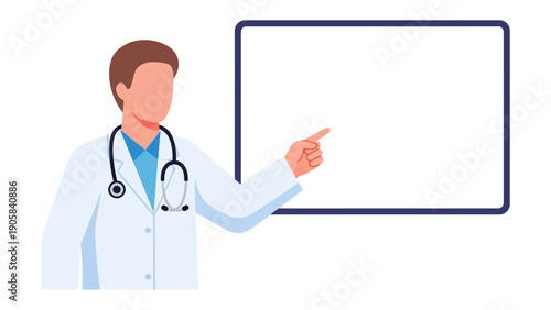 Doctor's Presentation: A healthcare professional, dressed in a white coat, gestures towards a blank screen, possibly to deliver a presentation on health and wellness. 