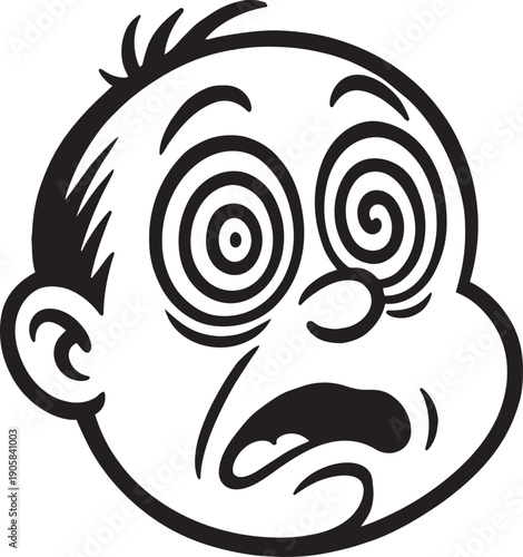 Dizzy vintage mascot face with spiral eyes and open mouth looking confused and hypnotized