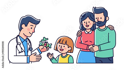 The Doctor’s Visit: An illustration captures a heartwarming scene, a doctor interacting with a young patient, parents providing support in a reassuring environment.