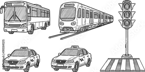 Hand-drawn urban transportation and traffic icons, city bus, subway train, taxi cars, traffic light signals, pedestrian crosswalk illustration concept
