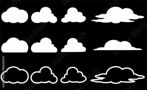 various icons of images and imaginary line shapes of cloud clumps isolated flat on black background, vector