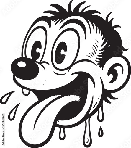Exhausted retro mascot dog like face with tongue hanging out and sweat drops panting