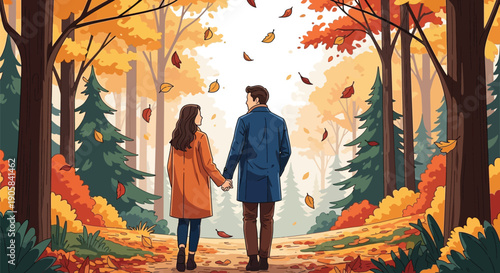 Man and woman walking through a forest with falling autumn leaves