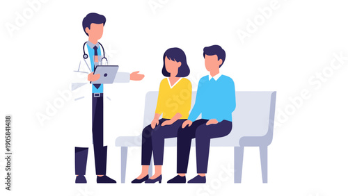 Consultation in Doctor's Office: A doctor in a white coat consults with a couple about their medical concerns, representing an exchange of trust, care, and attention.