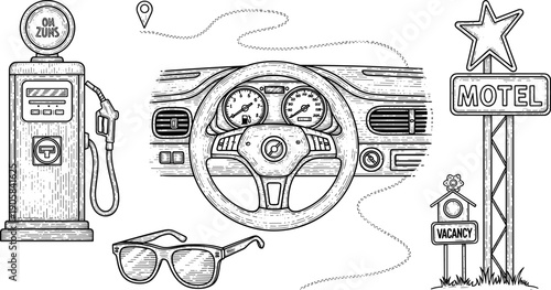 Hand-drawn road trip and travel icons, car dashboard, gas pump, sunglasses, location pin, motel sign with vacancy, retro Americana illustration concept