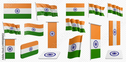 Set of Indian flags in various shapes and forms, including waving, flat, and vertical designs, isolated on a transparent background.