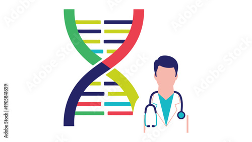 Genetic Code and Medical Expertise: The artwork showcases a stylized DNA strand intertwined with the silhouette of a medical professional, symbolizing the convergence of genetics and healthcare.