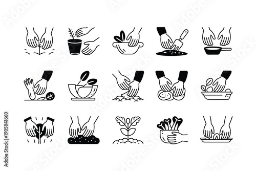 Gardening icon set with various hands planting and nurturing plants