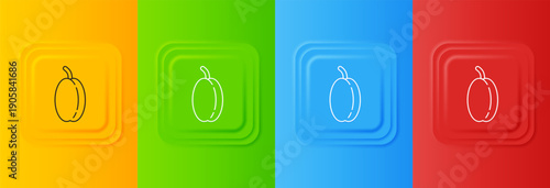 White Plum fruit icon isolated on colorful background. Set icons in square buttons. Vector