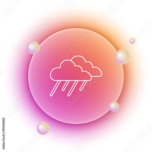 White Cloud with rain icon isolated on white background. Rain cloud precipitation with rain drops. Orange and pink gradient circle background. Vector