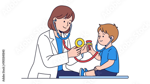 Compassionate Check-up: A caring practitioner listens to a child's heartbeat with a stethoscope, representing health and well-being.