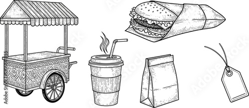 Hand-drawn street food and takeaway icons, food cart, wrapped sandwich burger, disposable cup, paper bag, blank price tag illustration concept