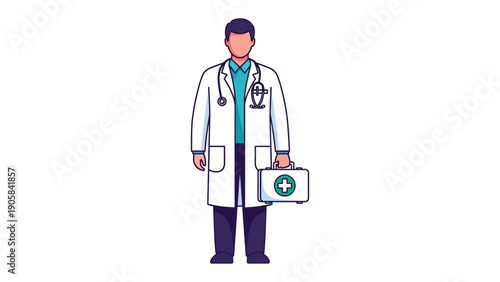 Medical Professional: A dedicated medical professional stands ready, clad in a crisp white coat, stethoscope, and holding a medical kit, symbolizing health and care.