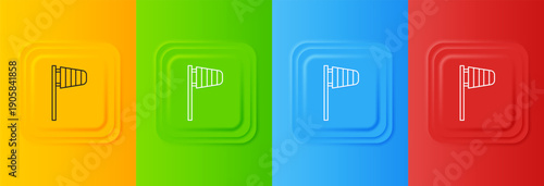 White Cone meteorology windsock wind vane icon isolated on colorful background. Windsock indicate the direction and strength of the wind. Set icons in square buttons. Vector