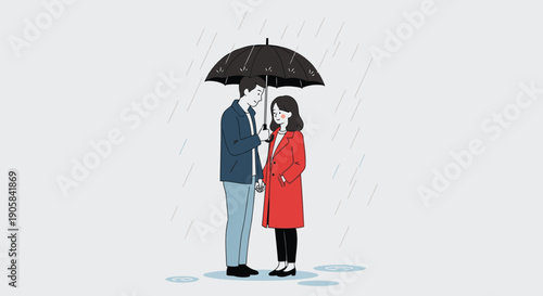 Young couple sharing black umbrella while walking in the rain