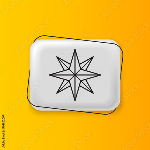 Black Wind rose icon isolated on yellow background. Compass icon for travel. Navigation design. Silver rectangle button. Vector