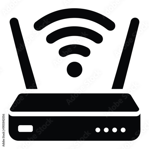 Black and white icon of a wireless router with WiFi signal, minimal network and connectivity symbol for internet setup, router configuration, digital devices, and tech interface graphics.