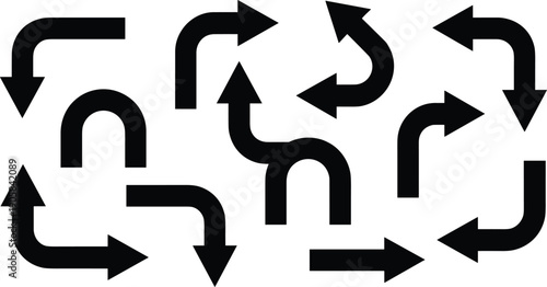 Set of directional arrows icons showing turns, navigation paths, movement flow, routing options, black vector illustration symbols
