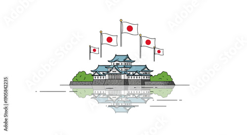 Illustration of a Japanese castle with flags waving above it on an island, surrounded by water and greenery, celebrating Emperor Naruhito's birthday in a traditional Japanese design.