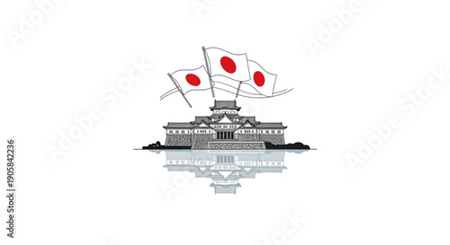 Vector illustration of a Japanese castle with flying Japanese flags celebrating Emperor Naruhito's birthday, a traditional family holiday in Japan.