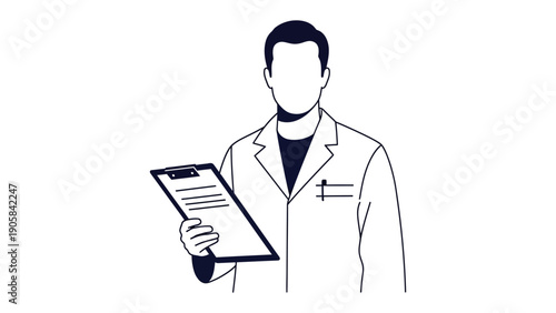Medical Professional with Clipboard: A detailed depiction of a medical professional, holding a clipboard, poised with a focused demeanor, a symbol of expertise and meticulous care.