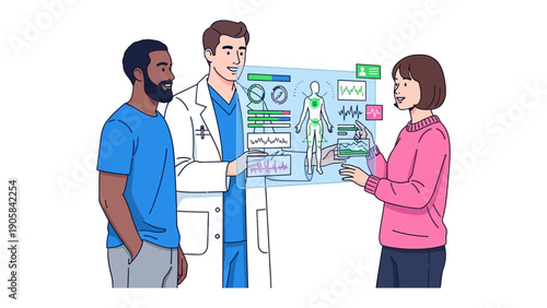 Medical Consultation and Diagnosis: A doctor consults with two patients, providing a diagnosis via an interactive display, signifying modern medical practices and collaborative healthcare.
