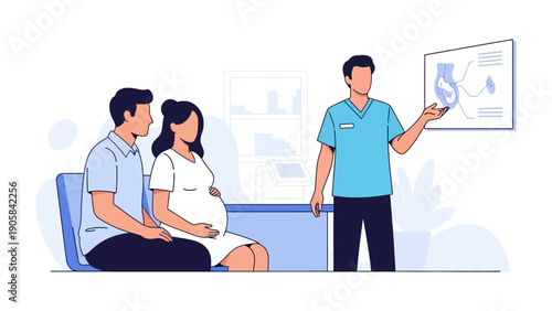 The Expectant Couple with healthcare expert: A doctor gives informative insight to a pregnant woman with her partner. sharing important knowledge and nurturing relationship.