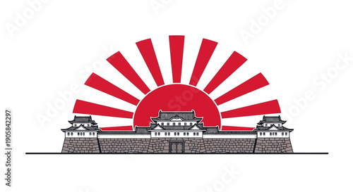 Illustration of a Japanese castle with a red sunburst design, symbolizing Emperor Naruhito's birthday celebration, known as Tenno Tanjoubi, in Japan.