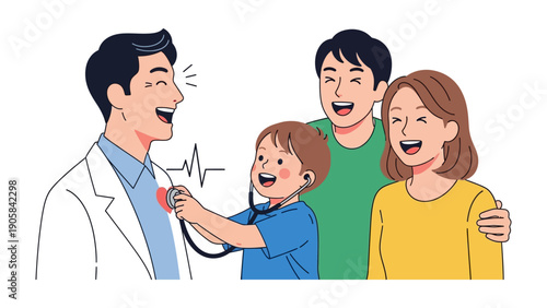 Family Doctor Consultation: A heartwarming moment unfolds as a cheerful doctor examines a young child with a stethoscope, while the child's parents beam with joy and assurance.