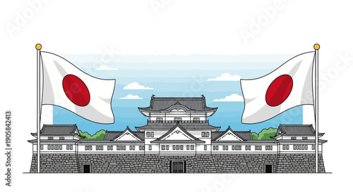 Illustration of a traditional Japanese castle with flying Japanese flags celebrating Emperor Naruhito's birthday in Japan.