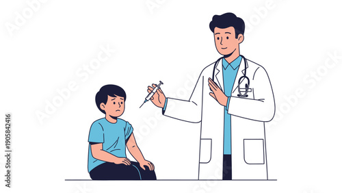 Vaccination Day: An illustration depicting a doctor administering a vaccine to a young patient, highlighting the importance of healthcare and immunization.