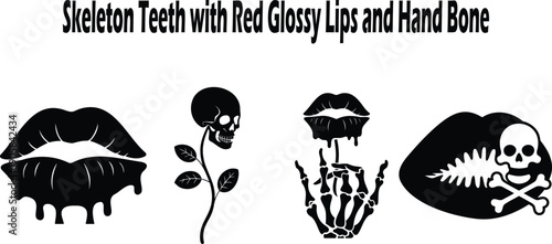 Collection of black gothic skeleton elements including skulls, lips, and hand bones on a clean white background