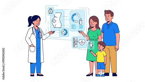 Healthcare Consultation: A doctor explains advanced medical data on a virtual display to a family, symbolizing prenatal care, health and modern medicine.
