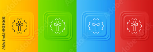 White Christian cross icon isolated on colorful background. Church cross. Set icons in square buttons. Vector