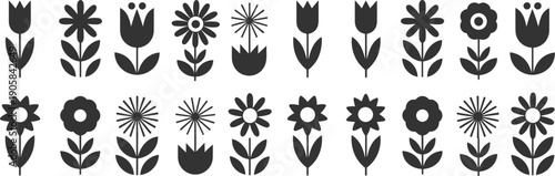 Black Flower Silhouette Vector Icon Set Featuring Minimalist Floral Elements Daisy Tulip and Blossom Designs for Spring Wedding Invitations Graphic Patterns and Nature Branding