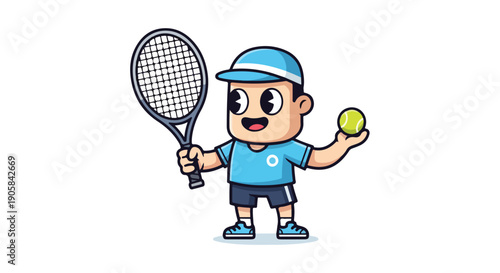 A cheerful cartoon boy in a blue outfit holding a tennis racket and ball on a white background.