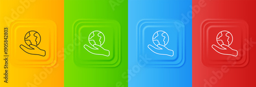 White Human hand holding Earth globe icon isolated on colorful background. Save earth concept. Set icons in square buttons. Vector