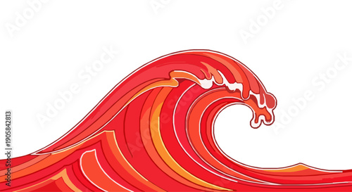 A dynamic vector graphic of a breaking sea wave featuring a striking color palette of red and orange with flowing lines silhouette.