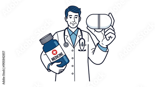 Medical Prescription: A doctor, holding a medicine bottle and a pill, symbolizing health, and medication, offering a glimpse into the healing process and the role of healthcare professionals.