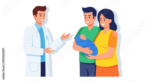 A doctor presents a new family with their newborn child: A compassionate doctor, smiles warmly, presents a newborn infant to happy parents, symbolizing new beginnings, health and family joy.