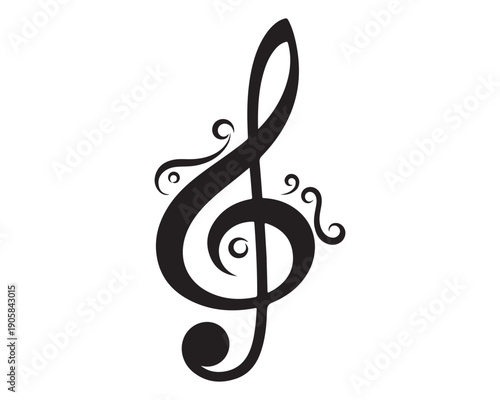 Elegant Ornate Black Treble Clef Symbol with Swirls on White Background