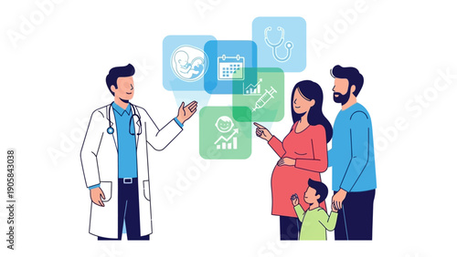 Medical Consultation: A doctor is explaining medical information to a family, symbolizing healthcare and prenatal care.