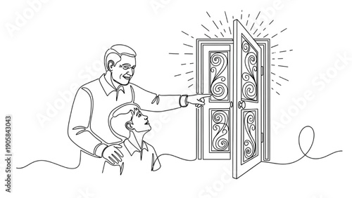 High-quality black continuous line art of a mentor guiding a younger person, representing opportunity, guidance, and empowerment