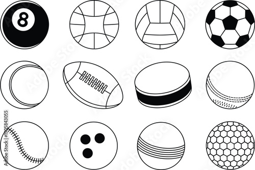 Sports balls icons set outline style including soccer basketball tennis baseball bowling isolated on white background vector illustration