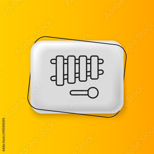 Black Xylophone - musical instrument with thirteen wooden bars and two percussion mallets icon isolated on yellow background. Silver rectangle button. Vector