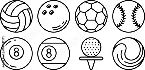 Sports balls icons set outline style including soccer baseball bowling billiard golf volleyball isolated on white background vector illustration
